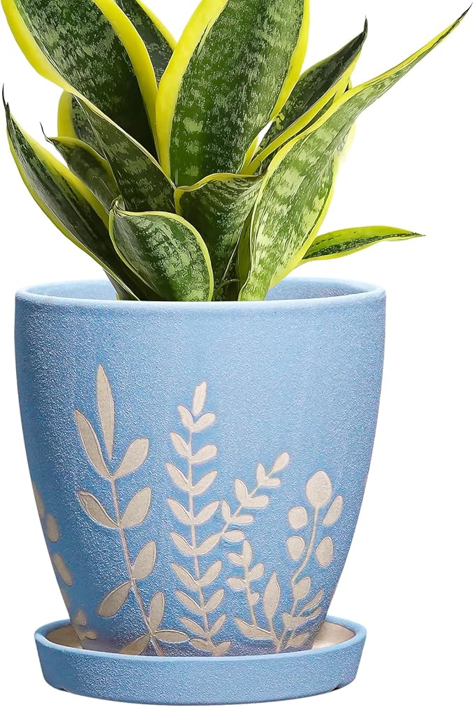 EPFamily 6 Inch Ceramic Plant Pot with Saucer - Small Flower Pot with Drainage for Succulents & Herbs, Boho Desk Home Office Room Decor, Plant Lovers Gifts, Blue
