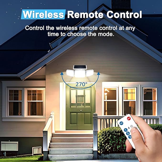 White Solar Security Light Outdoor Super Bright LED, Motion Sensor Flood Light, 3 Heads 270° Wide Angle, Remote Control, IP65 Waterproof, 3 Modes (2 Packs)