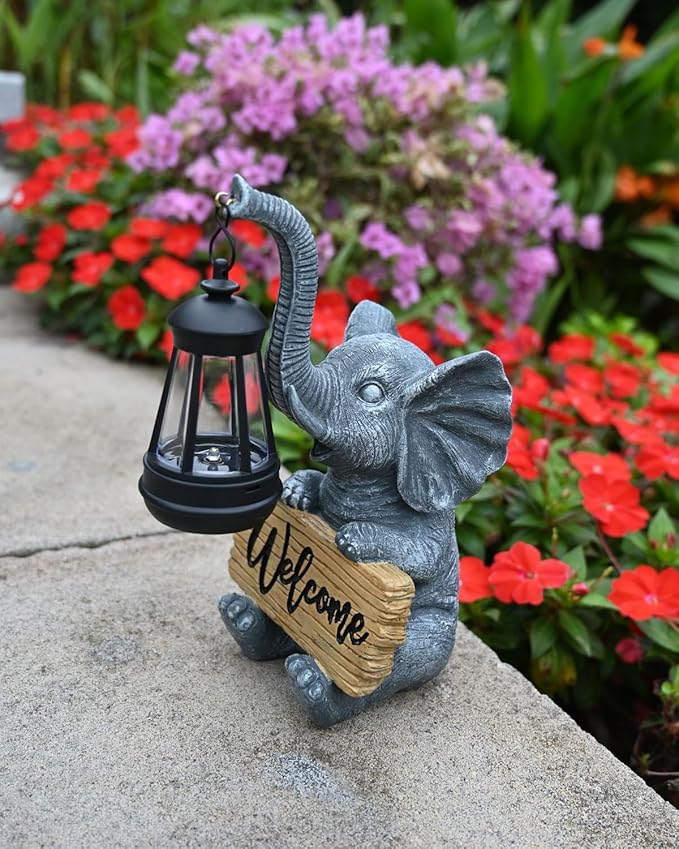 KVR Solar Elephant Garden Lights, Outdoor Welcome Statue Decor for Patio Yard, Birthday Gift for Women Mom Grandma (2025 New Gift Ready) (Black)