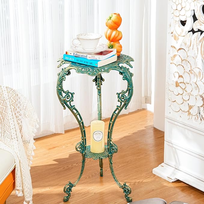 Sungmor Vintage Cast Iron Plant Stand - Ornate Green Pedestal Table for Indoor Outdoor Garden, 27.5" Antique Metal Flower Pot Holder, Victorian Style Plant Display Stand - Patio, Porch, Balcony Décor