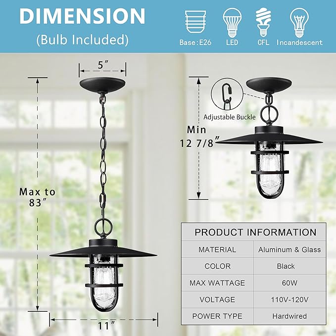 Outdoor Pendant Light for Porch, 12" Black Outdoor Chandelier with Seeded Glass, Farmhouse Exterior Hanging Lantern with 70" Adjustable Chain for Patio Gazebo Front Door(Bulb Included