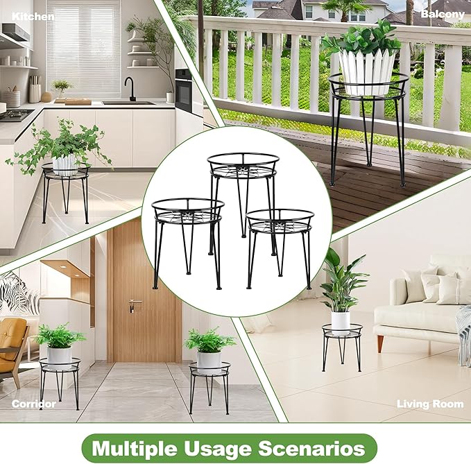 Jvtoo Metal Plant Stand, Plant Stand Indoor Outdoor, Metal Rustproof Flowers, Urban and Rustic Outdoor Plants Stands, Flower Pot Stand Suitable for Living Room, Balcony, Garden (3PCS,Black)