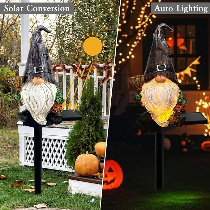 Halloween Gnome Garden Lights Outdoor Solar Halloween Pathway lights, Fall Yard Stakes Fall Decorations Gnome Statue with Bat&Pumpkin, Gnomes Gifts Fairy Garden Lights for Outside Lawn(Purple)