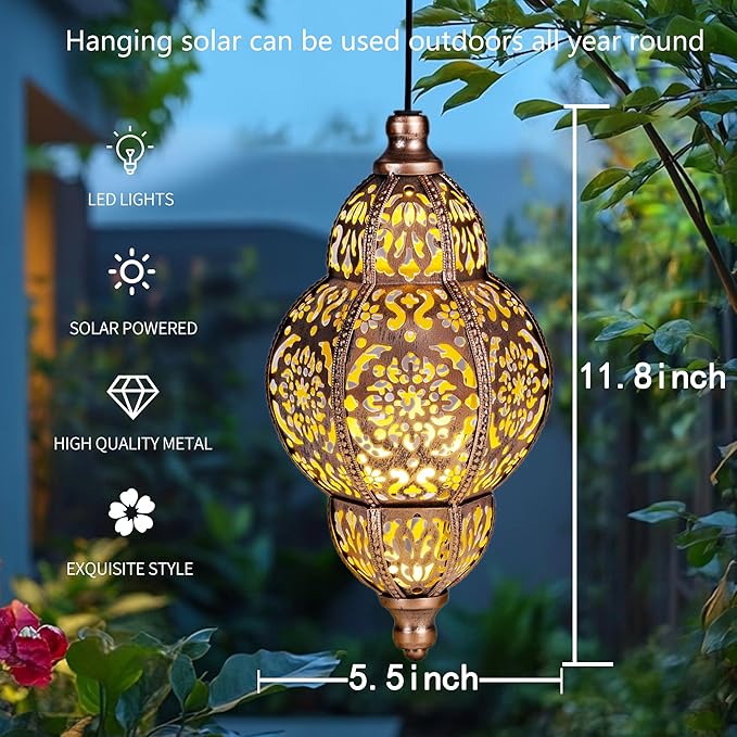 Solar Lanterns Outdoor Garden Decor, Hanging Moroccan Lanterns for Outside, Metal Solar Chandelier Outdoor for Mother's Days Gifts, Patio,Lawn, Yard Art for Women