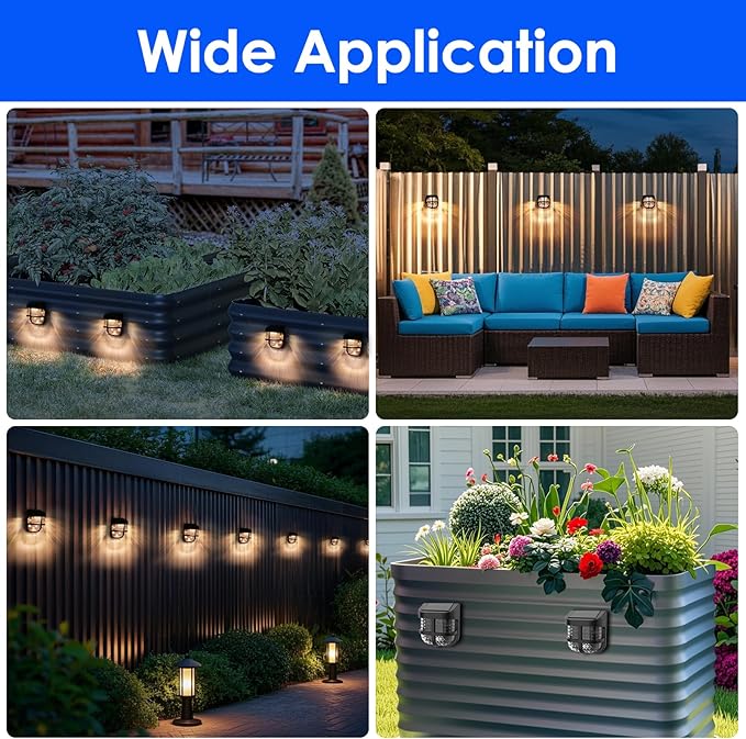 Energetic Solar Powered Garden Lights with Dusk to Dawn Sensors, Magnetic Solar Lights Outdoor, Waterproof, 3000K Warm White, LED Fence Lighting for Planter Raised Beds, FCC, Black, 4 Pack