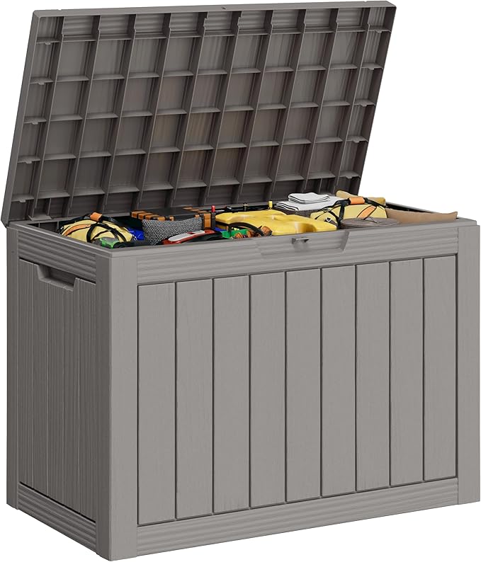 WTFGO 45 Gallon Outdoor Storage Deck Box Waterproof,Garden Tool,Backyard Cushion,Poolside Storage,Small Delivery Boxes for Outside,UV-Resistant & All-Weather,Wood-like Striped Gray