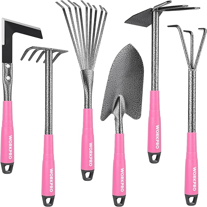 WORKPRO 6-Piece Pink Garden Tool Set, Heavy Duty Gardening Hand Tools with Soft Rubber Handle, Including Trowel, Rakes, 2-in-1 Hoe and Crack Weeder, Ideal Gardening Gifts for Men and Women