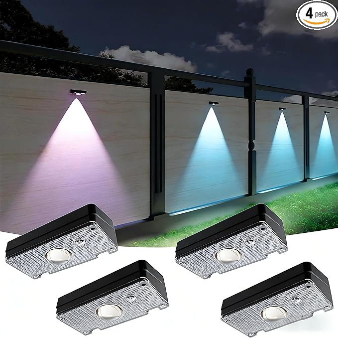Solar Fence Lights,10 RGB Color Changing Modes,Solar Lights Powered Waterproof IP65,30 Hours Runtime,Easy Installation for Fence,Garden,Yard,Patio,Pool,Porch,Holiday Decor(4P)