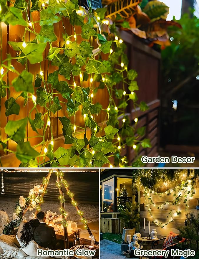 suddus Solar Ivy String Lights Outdoor Waterproof, 33ft 100 LED Fake Vines with Lights, Artificial Greenery Leaf Fairy Light for Privacy Fence, Wall, Patio, Garden, Balcony Decor (Warm White)