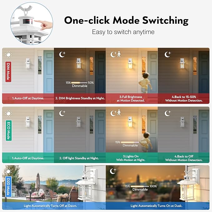 VIANIS Motion Sensor Exterior Lights for House, White Dusk to Dawn Outdoor Lighting, 100% Waterproof Front Porch Light Fixtures, Modern Exterior Sconce with Tempered Seeded Glass for Garage