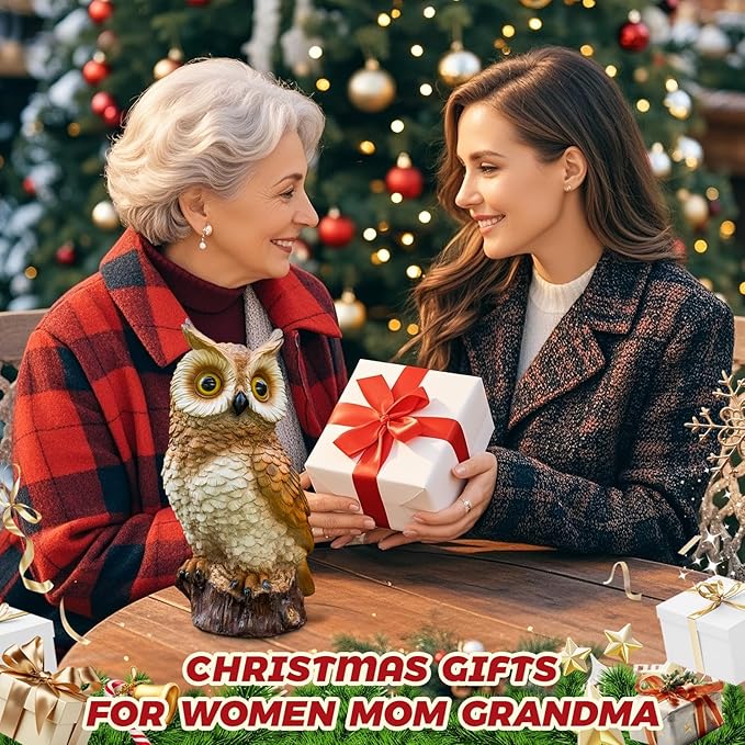 Solar Owl Garden Statues Outdoor Decor Resin Owl Figurine with LED Lights Owl Sculpture for Porch Patio Lawn Yard Decorations Christmas Housewarming Gifts for Women Mom,Brown Owl