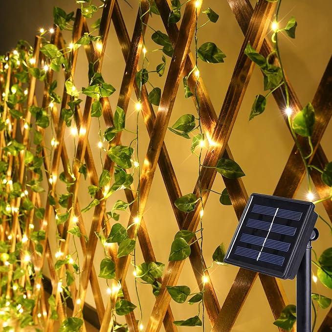 suddus Solar Fairy Lights, 33ft 100 Led Pothos Leaf Solar String Lights Outdoor Waterproof, 8 Modes Vines with Lights for Balcony, Deck, Patio, Garden, Fence,Wedding (Warm White)