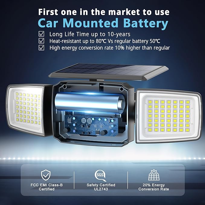 Solar Security Light Outdoor Super Bright LED, Motion Sensor Flood Light, 3 Heads 270° Wide Angle, Remote Control,IP65 Waterproof, 3 Modes (2 Packs)