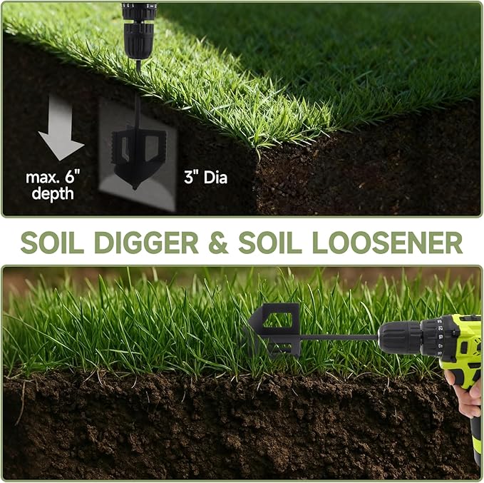 4-in-1 Cultivator, Soil Tiller, Soil Digger and Soil Loosener Auger Attachment for 3/8" Hex Drive Drill, Ideal for Raised Beds, Plant Boxes, Home Gardening Soil Loosening