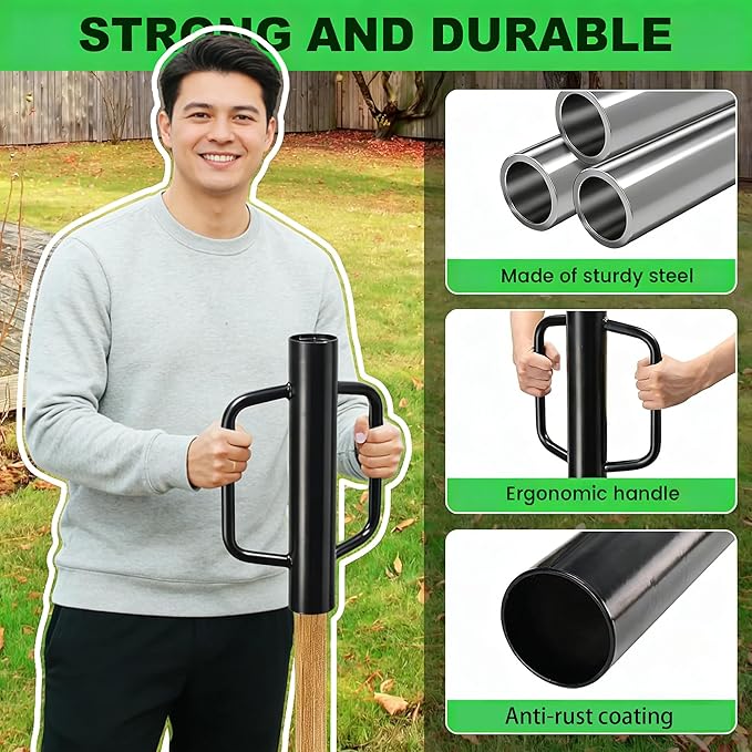 1 Pack 16 Inch Black Fence Post Driver with Handle 12 LB Steel T Post Pounder Portable Hand Post Rammer for Wooden Posts U Channels Fence Posts, 16 Inch Fence Post Pounder Good for Small Projects