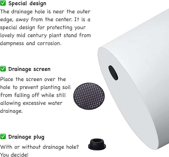 FaithLand Plant Pot 12 inch - Perfectly Fits Mid-Century Modern Plant Stand - Drainage Plug and Drainage Mesh Screen - Matte White