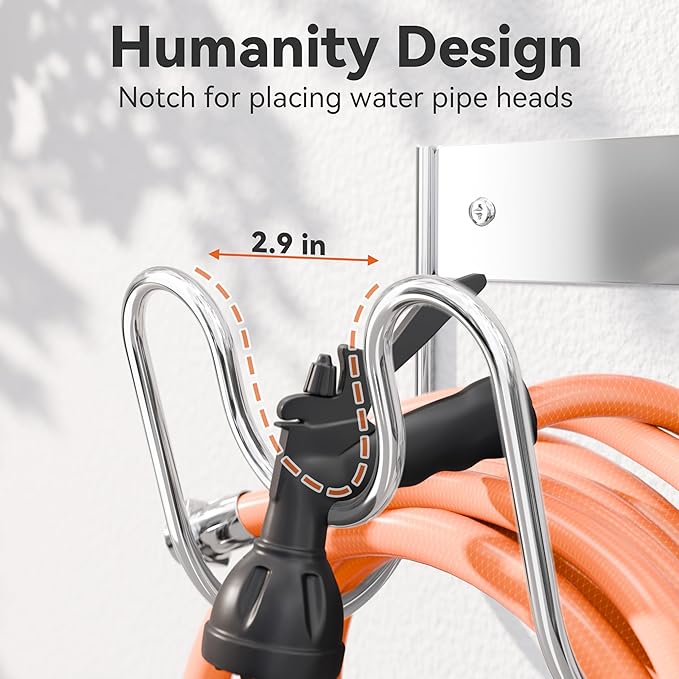 Stainless Steel Garden Hose Holder - Extra Large Heavy Duty Silver SS304 Wall Mounted Hanger for Water Hose, Extension Cords, Vacuum Lines, Anti-Rust