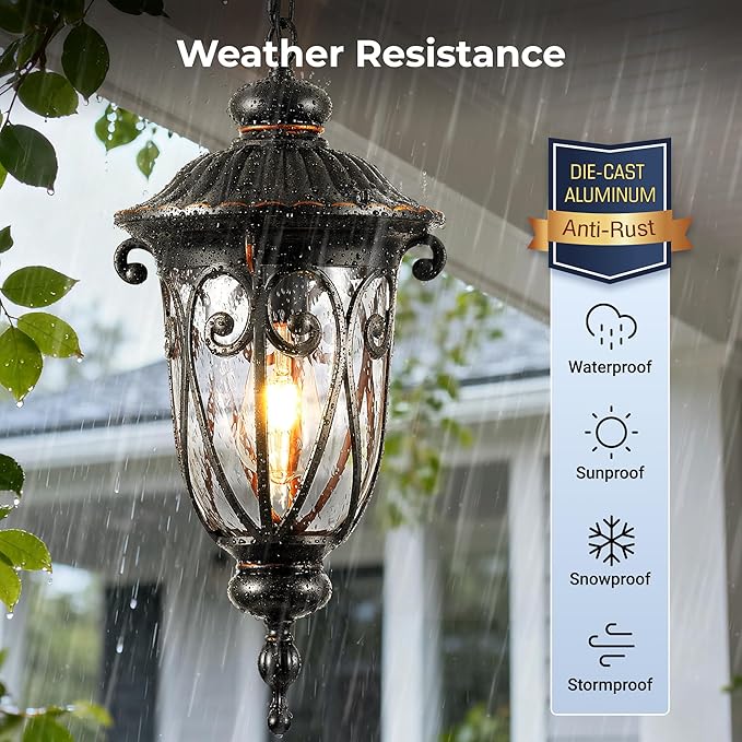 VIANIS Dusk to Dawn Outdoor Hanging Lights, Large Bronze Vintage Outdoor Pendant Light, Waterproof with Seed Glass, Anti-Rust Adjustable Length Chandelier, Porch Ceiling Light for Yard, Doorway