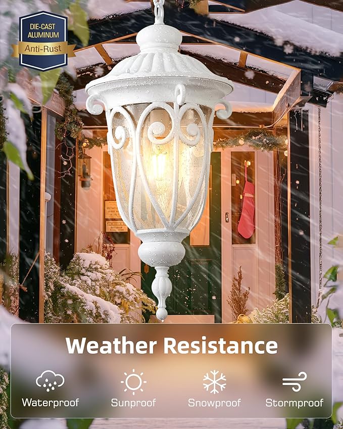 VIANIS Extra Large Outdoor Pendant Lights, 21.3 in White Modern Chain-Adjustable Ceiling Light, Waterproof Outdoor Chandelier with Seed Glass, Outside Pendant Light for Porch, Doorway, Entryway