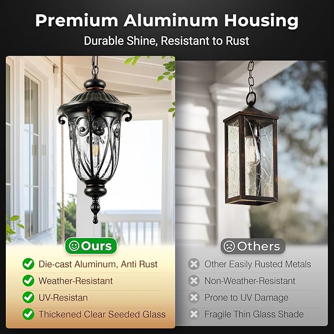 VIANIS Dusk to Dawn Outdoor Hanging Lights, Large Bronze Vintage Outdoor Pendant Light, Waterproof with Seed Glass, Anti-Rust Adjustable Length Chandelier, Porch Ceiling Light for Yard, Doorway