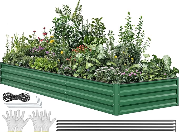 YITAHOME 144x48x12 in Galvanized Raised Garden Bed Kit, Large Metal Planter Box with Gloves, Safety Rubber & Support Rod, Outdoor Flower Bed for Plants Vegetables, Green