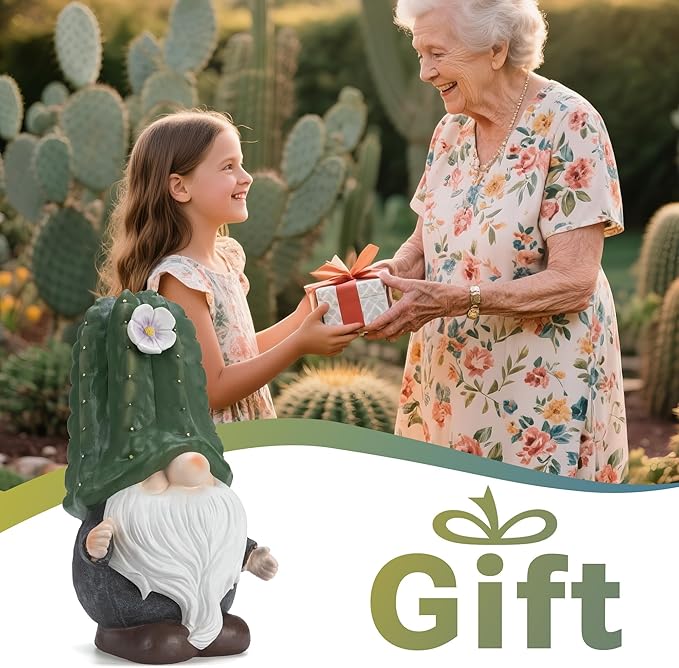 Solar Cactus Gnome Statue Garden Decor Light - Outdoor Decorative LED Flower, Suitable for Patio, Lawnand Garden Decorations, Gifts for Mom