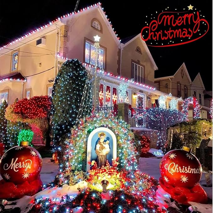 QITONG 4 Pack Solar Fairy Lights, Each 33ft 100 LED Red and White Christmas String Light Outdoor Waterproof, 8 Modes Silver Wire Twinkle Mini Lights