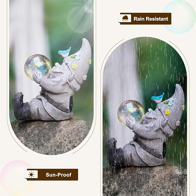 Gnome Statue Solar Bubble Lights Waterproof Outdoor Garden Decor for Patio, Lawn, Yard Cute Gnome Ornament & Housewarming Gift for Outside