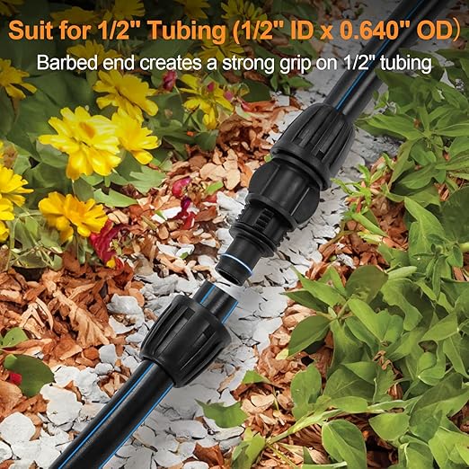Copadri 1/2 Inch Drip Irrigation Coupling Fittings, 12 Pieces Barbed Locked Coupler Connectors for 1/2 Inch Irrigation Tubing (1/2" ID x 0.640" OD) Anti-leak Straight Coupling for Garden Drip Systems