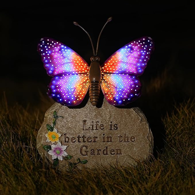 Solar LED Butterfly Garden Statue with Sparkling Light-Up Wings - Outdoor Yard Patio Decor Figurine, for Women Mom Grandma(Purple)