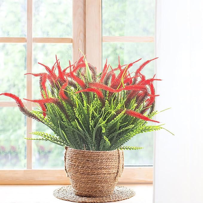 10 Bundles Artificial Plants Outdoor Fake Grass with Flowers UV Resistant Greenery Garden Porch Window Box Decorating (Red)