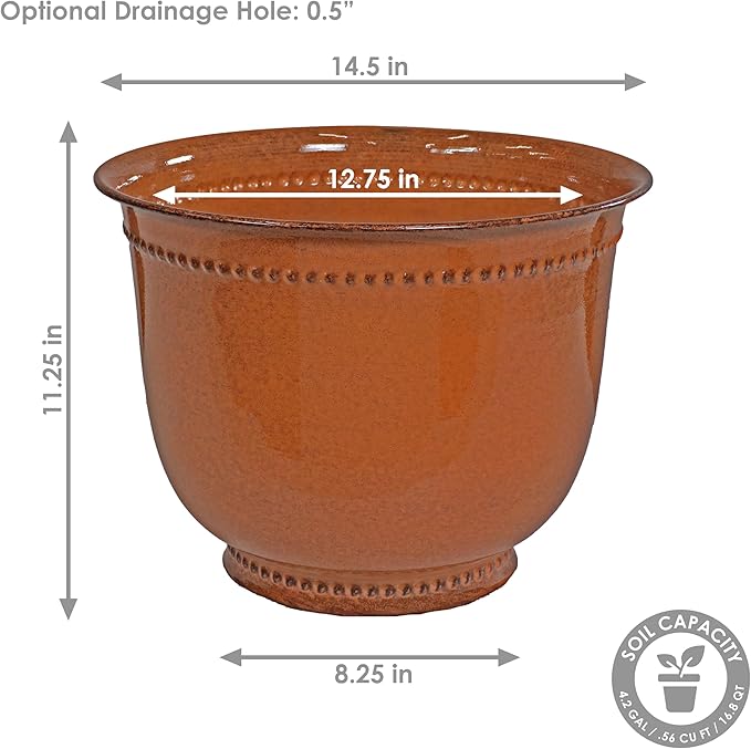 Sunnydaze Michael 14.5" Metal Outdoor Plant Pot Set with Drainage Holes and Rubber Plugs - Chestnut Glaze - Set of 4