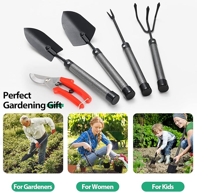 Garden Tool Set, 5-Piece Heavy Duty Gardening Tools Kit with Extendable Handle, Metal Trowel, Cultivator, Weeder, Pruner, Back-Saving Grips for Yard Raised Bed, Rust-Proof, Gift for Women, Men, Kids
