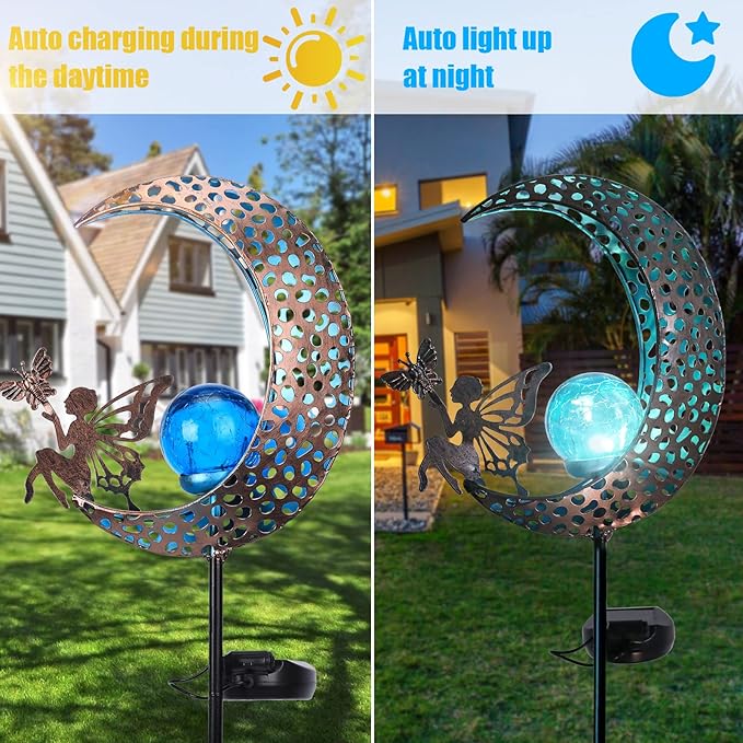 Bshine Moon Solar Light Outdoor Garden Decoration, Moon Fairy Garden Statue Decor,Metal Waterproof Light Stake for Patio, Path, Yard and Lawn Ornament, Housewarming Gift for Mom,Blue