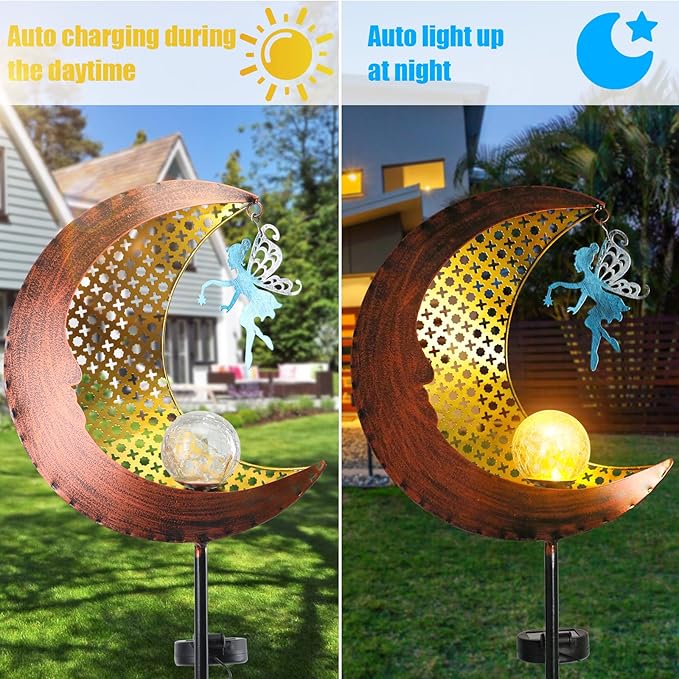 Bshine Moon Solar Light Outdoor Garden Decor, Moon Fairy Garden Statue Decor,Metal Waterproof Light Stake for Patio, Path, Yard and Lawn Ornament, Housewarming Gift for Mom,Bronze