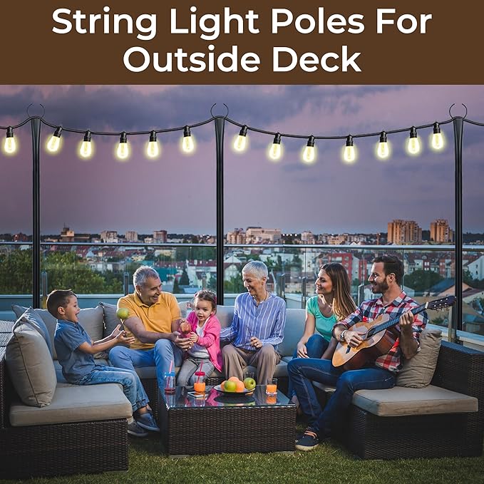 10 Ft String Light Poles for Outside, 4 Pack Heavy-Duty Metal Poles for Outdoor Hanging Lights with Fence Brackets, Outdoor String Light Pole Stand for Patio, Backyard, Garden