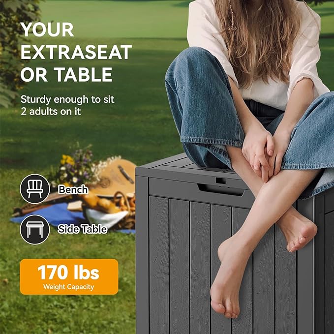 WTFGO Outdoor Storage Deck Box Waterproof, Garden Tool, Backyard Cushion, Poolside Storage, Small Resin Delivery Boxes for Outside, Lockable Lid (30 Gallon, Black)