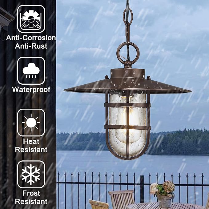Oil Rubbed Bronze Outdoor Pendant Light,Weatherproof Anti-Rust 12''H Hanging Porch Light with Seeded Glass Shade Bulb Included,Outside Lantern Chandelier 70'' Adjustable Chain for Patio Garden