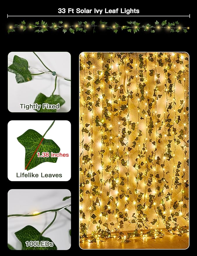 suddus Solar Ivy String Lights Outdoor Waterproof, 33ft 100 LED Fake Vines with Lights, Artificial Greenery Leaf Fairy Light for Privacy Fence, Wall, Patio, Garden, Balcony Decor (Warm White)