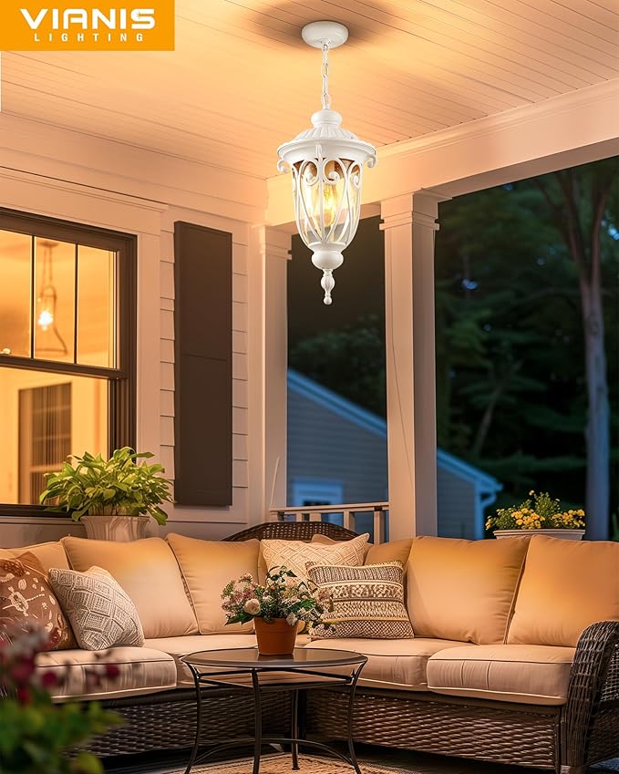 VIANIS Large Outdoor Pendant Light Lantern, White Modern Outdoor Chandelier, Handcrafted Hanging Outdoor Lights with Seed Glass, Outdoor Ceiling Lights for Porch, House, Doorway, Garden, Entryway