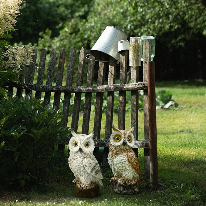 Solar Owl Garden Statues Outdoor Decor Resin Owl Figurine with LED Lights Owl Sculpture for Porch Patio Lawn Yard Decorations Christmas Housewarming Gifts for Women Mom,White Owl