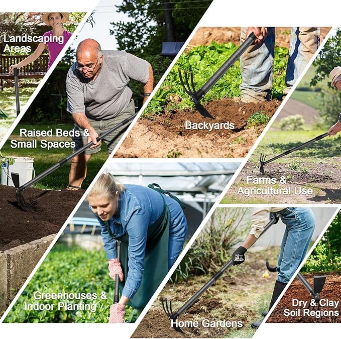 2-in-1 Garden Hoe Tool with Cultivator Rake, 45" Long Handle Small weed Hoe for Weeding, Heavy Duty hand tiller Gardening Hoes for Raised Beds, Backyards,Indoor Greenhouse, Outdoor Planting