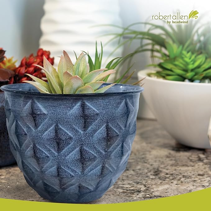 Headwind Glazed Ironstone Diamonte Collection – Capri Blue 10-Inch Decorative Plant Pot, Indoor & Outdoor, Vintage Diamond-Textured, Lightweight & Weather-Resistant for Garden Use by Robert Allen