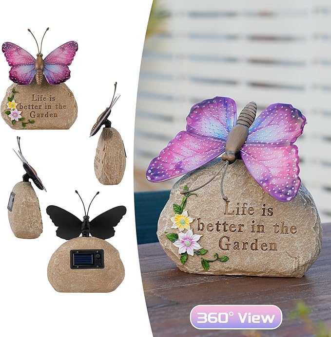 Solar LED Butterfly Garden Statue with Sparkling Light-Up Wings - Outdoor Yard Patio Decor Figurine, for Women Mom Grandma(Purple)