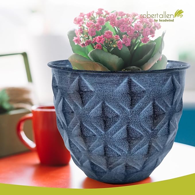 Headwind Glazed Ironstone Diamonte Collection – Capri Blue 10-Inch Decorative Plant Pot, Indoor & Outdoor, Vintage Diamond-Textured, Lightweight & Weather-Resistant for Garden Use by Robert Allen