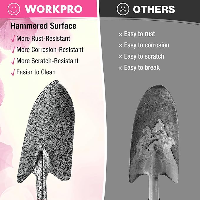 WORKPRO 6-Piece Pink Garden Tool Set, Heavy Duty Gardening Hand Tools with Soft Rubber Handle, Including Trowel, Rakes, 2-in-1 Hoe and Crack Weeder, Ideal Gardening Gifts for Men and Women