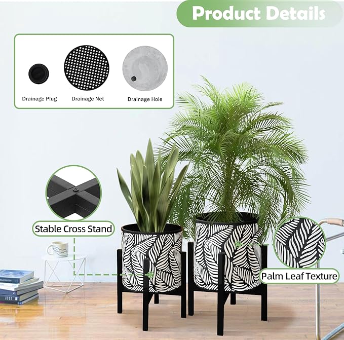 10 & 12 Inches Plant Pot with Stand Set of 2, Decorative Palm Leaves Printing Planter with Holder, Garden Pot for Snake Plant, Monstera, Houseplants - Indoor Outdoor Flower Pots with Drainage Holes
