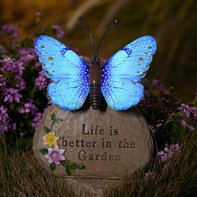Solar LED Butterfly Garden Statue with Sparkling Light-Up Wings - Outdoor Yard Patio Decor Figurine, for Women Mom Grandma (Blue)