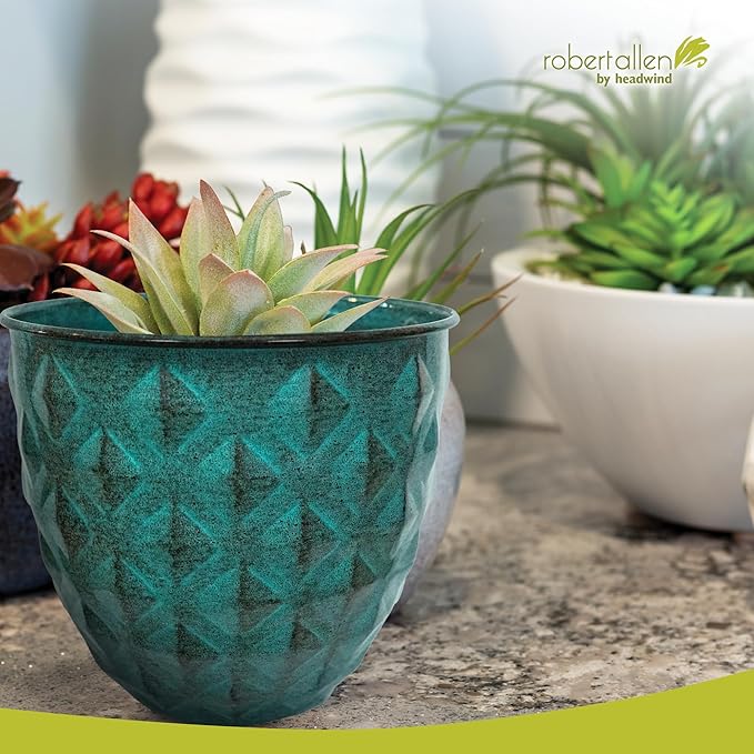 Headwind Glazed Ironstone Diamonte Collection – Surf Green 12-Inch Decorative Plant Pot, Indoor & Outdoor, Vintage Diamond-Textured, Lightweight & Weather-Resistant for Garden Use by Robert Allen