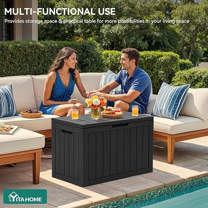 YITAHOME 45 Gallon Deck Box, Outdoor Storage Box for Patio Cushions, Outdoor Tools, Gardening Tools, Sports Equipment, and Throw Pillows, Lockable and Waterproof, Black